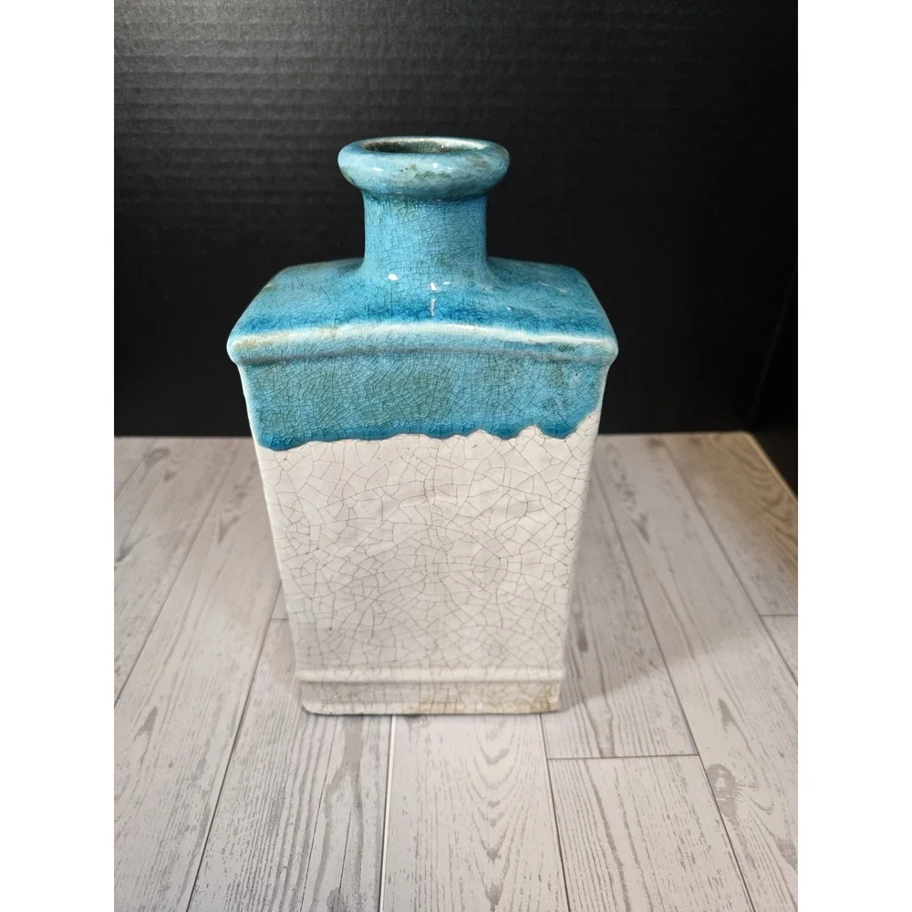 *Vintage Studio Pottery Vase Turquoise Drip Glaze White Crackle Square Modernist
